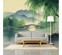 Art Photo Wallpaper 3D Mountains Weeping Willow Stone Bridge Non-Woven Wall Mural, Ink Wash Painting Living Room Bedroom Wallpaper Decoration - 500 x 280 cm Photo Mural- Living Room Sofa TV Background