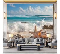 Art Photo Wallpaper 3D Ocean Waves Beach Starfish Conch Shells Non-Woven Wall Mural, Summer Photography Living Room Bedroom Wallpaper - 250 x 175 cm Photo Mural- Living Room Sofa TV Background