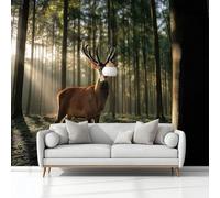 Art Photo Wallpaper Animal Forest Deer 250 x 175 cm 3D Wall Mural, Green Non-Woven Living Room Bedroom Poster, Modern Sofa TV Background Kids Room Wallpaper Decor
