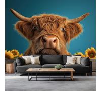 Art Photo Wallpaper Animal Highland Cow Sunflowers 350 x 256 cm Non-Woven Mural Living Room Bedroom Wall Decoration, Blue Photo Wallpaper - Living Room Sofa TV Background Wall Mural Decor