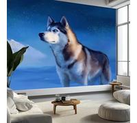 Art Photo Wallpaper Animal Husky in Snow 250 x 175 cm 3D Wall Mural, Blue Non-Woven Living Room Bedroom Poster Modern Sofa TV Background Kids Room Wallpaper Decor