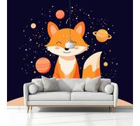 Art Photo Wallpaper Cartoon Animal Fox Planet 250 x 175 cm 3D Wall Mural, Dark Blue Non-Woven Living Room Bedroom Poster, Modern Sofa TV Background Kids Room Wallpaper Decor