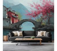 Art Photo Wallpaper Chinese Architecture Arch Bridge Cherry Blossoms 450 x 315 cm 3D Wall Mural, Blue Non-Woven Living Room Bedroom Poster Modern Sofa TV Background Kids Room Wallpaper Decor