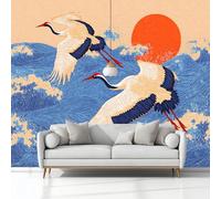 Art Photo Wallpaper Chinese Art Sun Waves Crane 250 x 175 cm 3D Wall Mural, Blue Non-Woven Living Room Bedroom Poster, Modern Sofa TV Background Kids Room Wallpaper Decor