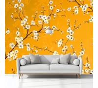 Art Photo Wallpaper Chinese Art White Flowers 250 x 175 cm 3D Wall Mural, Yellow Non-Woven Living Room Bedroom Poster, Modern Sofa TV Background Kids Room Wallpaper Decor
