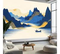 Art Photo Wallpaper Chinese Ink Wash Painting Mountains Boat 300 x 210 cm 3D Wall Mural, Beige Non-Woven Living Room Bedroom Poster Modern Sofa TV Background Kids Room Wallpaper Decor