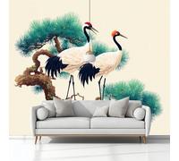 Art Photo Wallpaper Chinese Painting Pine Branches Crane 250 x 175 cm 3D Wall Mural, Beige Non-Woven Living Room Bedroom Poster, Modern Sofa TV Background Kids Room Wallpaper Decor