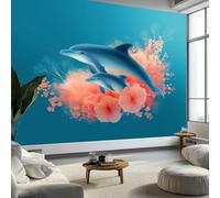 Art Photo Wallpaper Digital Art Dolphin Flowers 250 x 175 cm 3D Wall Mural, Blue Non-Woven Living Room Bedroom Poster Modern Sofa TV Background Kids Room Wallpaper Decor