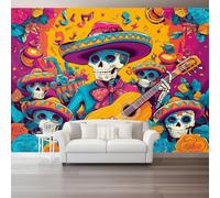 Art Photo Wallpaper Folk Style Skull Guitar Non-Woven Living Room Bedroom Orange Pink Decoration - Photo Mural- Gaming Room Tv Background Wall Decor 200 X 140 Cm