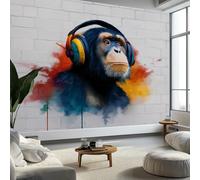 Art Photo Wallpaper Graffiti Style Brick Wall Monkey with Headphones 200 x 140 cm 3D Wall Mural, Grey Non-Woven Living Room Bedroom Poster Modern Sofa TV Background Kids Room Wallpaper Decor