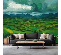Art Photo Wallpaper Oil Painting Hills Village 200 x 140 cm 3D Wall Mural, Green Non-Woven Living Room Bedroom Poster Modern Sofa TV Background Kids Room Wallpaper Decor