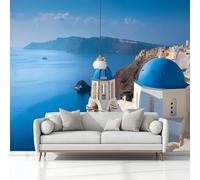 Art Photo Wallpaper Photography Santorini Island Domed Buildings 250 x 175 cm 3D Wall Mural, Blue Non-Woven Living Room Bedroom Poster, Modern Sofa TV Background Kids Room Wallpaper Decor