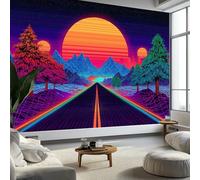 Art Photo Wallpaper Retro Futurism Sun Neon Mountains Road 300 x 210 cm Non-Woven Mural Living Room Bedroom Wall Decoration, Purple Photo Wallpaper - Living Room Sofa TV Background Wall Mural Decor