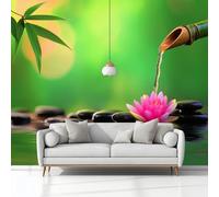 Art Photo Wallpaper Spa Concept Bamboo Lotus Pebbles 250 x 175 cm 3D Wall Mural, Green Non-Woven Living Room Bedroom Poster, Modern Sofa TV Background Kids Room Wallpaper Decor