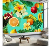 Art Photo Wallpaper Tropical Flowers Pomegranate Lemon Orange 250 x 175 cm 3D Wall Mural, Turquoise Non-Woven Living Room Bedroom Poster Modern Sofa TV Background Kids Room Wallpaper Decor