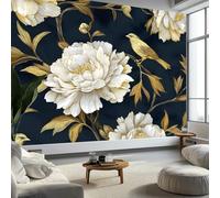 Art Photo Wallpaper Vintage Style White Peony Birds 250 x 175 cm 3D Wall Mural, Black Non-Woven Living Room Bedroom Poster Modern Sofa TV Background Kids Room Wallpaper Decor