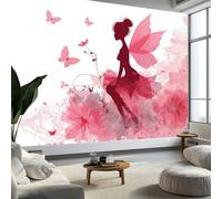 Art Photo Wallpaper Watercolour Fairy Butterfly Flowers 250 x 175 cm 3D Wall Mural, Pink Non-Woven Living Room Bedroom Poster Modern Sofa TV Background Kids Room Wallpaper Decor