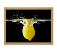 Art Photography Yellow Lemon Splash Water Black A4 Artwork Framed Wall Art Print Artery8 Light Oak One Size