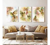 Art Prints,Set of 3-Watercolor Hummingbird Poster Abstract Bird Flower Canvas Painting Bright Green Art Print Nordic Wall Picture Living Bedroom Room Decor-40 * 60cm (Unframed)