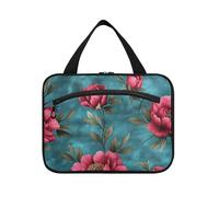 Art Red Peonies Flowers Teal Hanging Toiletry Bag for Women with Hook, Designer Accessories Bag for toiletries for Travel Make up Bathroom bolso para maquillaje de Mujer L