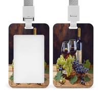 Art Red Wine Galsses & Grapes ID Badge Holder Waterproof Card Protector Push-Pull Slot Work ID Card Holder with Lanyard Personalized Detachable Card Holders for Office Corporate Use