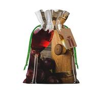 (Art Red Wine Galsses & Grapes) Printed Christmas M Size Gift Bags with Green Ribbon Drawstring Candy Bags for Kids Xmas Holiday Christmas Eve Presents