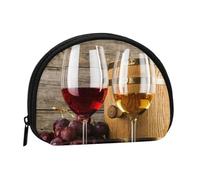 Art Red Wine Galsses & Grapes Printed Small Coin Purse, Semicircular Coin Wallet with Zipper Portable Mini Coin Pouch, Kids Purse for Women Men