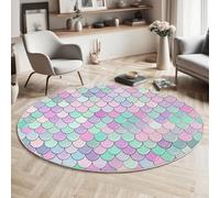 Art Round Rug 120cm, Washable Non Slip Mermaid Scales Circle Area Rugs, Living Room Bedroom Hall Bedside Dining Room Indoor Carpet, Low Pile Multicolor Carpets