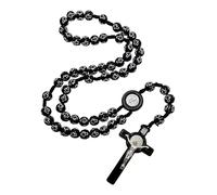 Art Sacrum Black Rosary with Engraved Beads and Large Benedict Cross - Protective Rosary of Saint Benedict - A93A