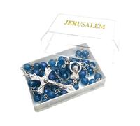 Art Sacrum Jerusalem Rosary Blue in Case - Frosted Glass Turquoise Purple, 6 mm Beads, Mary Centrepiece, Cross 39 x 24 mm, 51 cm