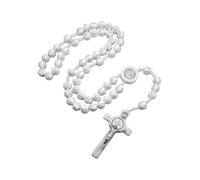 Art Sacrum White Rosary with Engraved Beads and Large Benedict Cross - Protective Rosary of Saint Benedict - A93B