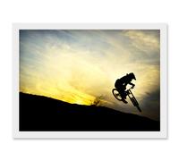 Art Sport MTB Downhill Run Mountain Bike Silhouette Bicycle Sunset Artwork Framed Wall Art Print A4 Artery8 White A4