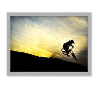 Art Sport MTB Downhill Run Mountain Bike Silhouette Bicycle Sunset Artwork Framed Wall Art Print A4 Artery8 Light Grey A4