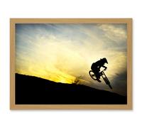 Art Sport MTB Downhill Run Mountain Bike Silhouette Bicycle Sunset Artwork Framed Wall Art Print A4 Artery8 Light Oak A4