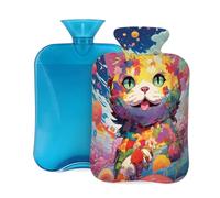 Art Style Flower Cat Hot Water Bottle with Cover, 2L PVC Hot Water Bag for Pain Relief, Hand Foot Warmer, Hot & Cold Therapy with Removable Cover, Gift for Women Kids Family