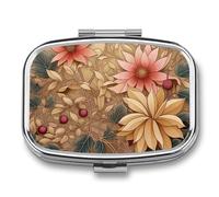 Art Style Flowers Pill Box 2 Compartment, Portable Pill Case with Mirror for Pocket Purse Travel, Mini Metal Medicine Organizer for Vitamins Fish Oil