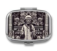 Art Style Pattern Pill Box 2 Compartment, Portable Pill Case with Mirror for Pocket Purse Travel, Mini Metal Medicine Organizer for Vitamins Fish Oil