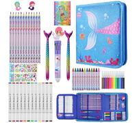 Art Supplier Colouring Sets with Glitter Mermaid Pencil Case for Girls, 59pcs Mermaid Theme Elements Art and Craft Drawing Kit for 4 5 6 7 8 9 Year Old - Xmas and Birthday Gifts