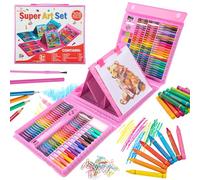 Art Supplies, 208-Piece Drawing Art Kit, Art Set Crafts Case with Double Sided Trifold Easel, Includes Sketch Pads, Crayons, Colored Pencils,Christmas Gifts for Kids Girls Boys Teen Ages 4-12(Pink)