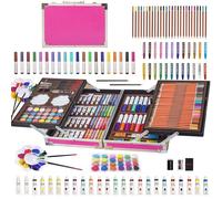 Art Supplies Case, 145Pack Arts Crafts, Painting, Coloring, Drawing & Art Set with Sketch Pad, Deluxe Portable Double Layers Aluminum Snakeskin Style Gift Box for Kids Teens Adults (Pink)