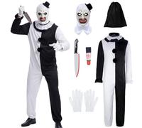 Art the Clown Costume Adult Terrifier Jumpsuit with Scary Mask, Gloves, Knife, Blood & Bag Horror Killer Clown Halloween Outfit for Men Women Cosplay