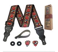Art Tribute Guitar Strap Embroidered Red Vintage Woven W/BONUS- 2 Picks + Strap Locks + Strap Button. Stocking Stuffer For Bass, Electric & Acoustic Guitars Best Gift for Men & Women Guitarists