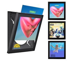 Art Vinyl Play and Display Record Frame 3 Pack, Holds Single or 1-3 LPs/Double LP Gatefold Sleeve | 15" x 15" Matte Black Flip Frames with UV Protection, Scratch-Resistant Acrylic, Easy Wall Mount