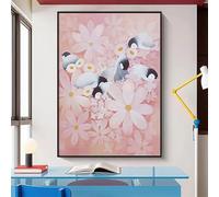 Art Wall Decor Flower Penguin 100% Hand Painted Oil Paintings On Canvas Frameless Original Wall Art Aesthetic Texture Artwork For Living Room 70X90Cm(28X36Inch)