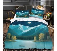 ARTAMA Duvet Cover Sets King Size Mountains, Lakes, Boats, Trees And Forests Boy Man Bedding Set with Zipper Natural Landscape for Kids Teens 3 Pieces Microfiber Comforter Cover 3D Quilt Cover