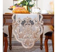 Artbloss Lace Table Runner Embroidered Rustic Dresser Scarf Farmhouse Coffee Table Runners for Fall Christmas Holiday Outdoor Fireplace Dining (Champagne Gray, 14 x 120 Inches)