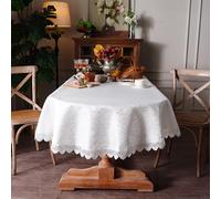 Artbloss Oval Tablecloth White Jacquard Table Cloth with Exquisite Lace Border Fall Farmhouse Tablecloths for Dining Wedding Coffee Outdoor Party Holiday Tabletop Use (White, 60 x 120 Inches Oval)