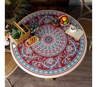 Artbloss Round Fitted Tablecloth with Elastic Boho Waterproof Oli Proof Table Cover Moroccan Wipeable Vinyl Table Protector for Home Picnic Outdoor (Red and Blue, 36"-45" Round Tight Fit)