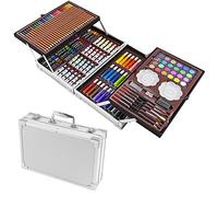 ArtBoss 145-Piece 2 Layers, Kids Art Set Studio Supplies for Drawing, Painting, Portable Aluminum Case Art Kit for Kids, Teens, Adults Great Gift for Beginner and Serious Artists (Silver)
