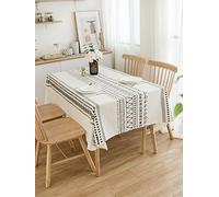 ArtBud Cotton Linen Table Cloths Heavy Fabric Boho Table Cover Table Top Tablecloth for Farmhouse Coffee Kitchen Picnic White Blue (Rectangle/Oblong, 55"×70"(4-6 Seats)
